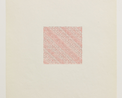 James Siena, <i>Untitled-Capitals-Red (Rome, to you love will come, with sudden
passion)</i>, 2013, Ink on paper, 11” x 8 ½”; Courtesy of the Artist and Pace Gallery, New York. Photo: Tom Barratt.