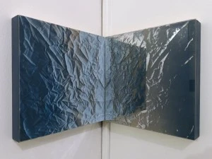 Anthony Bowers Actual Nitty Gritty Acrylic transfer on wood and screen print acid etch on mirror mounted to wood 12"x12"x12" 2015